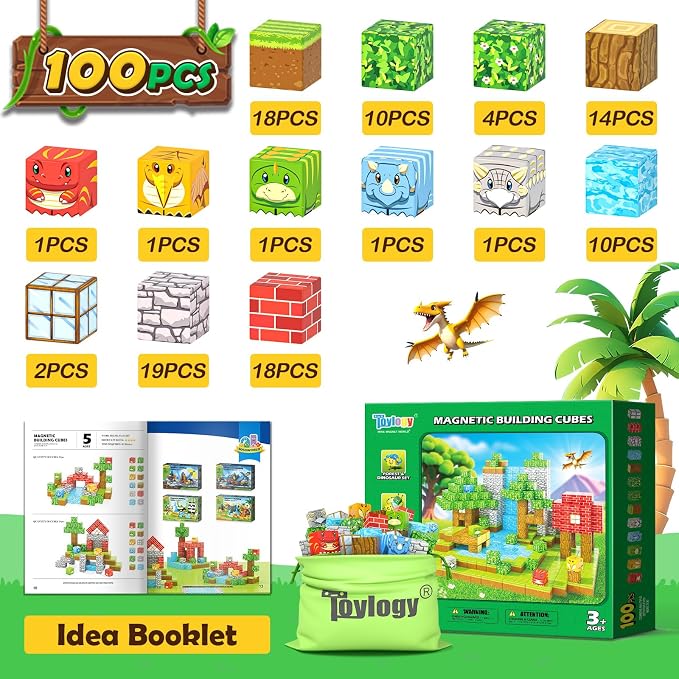 100PCS 1“ Magnetic Blocks - Build Mine Magnet World Forest Dinosaur Edition | Sensory STEM Building Toys for Kids Toddlers, Educational Construction Classroom Set, Birthday Gift for Boys Girls Ages 3-12