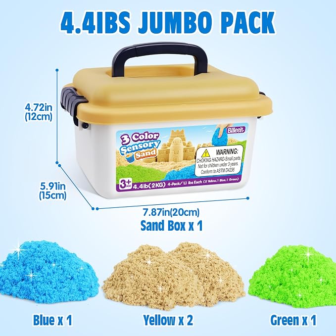 Billeeit. 4.4 lbs Play Sand w/Storage Sand Box for Kids 3+ | 4-Pack(2 Yellow, 1 Blue, 1 Green) Self-Sticking Sensory Sand with Storage Box for Shaping Molding Sensory Bin Refill