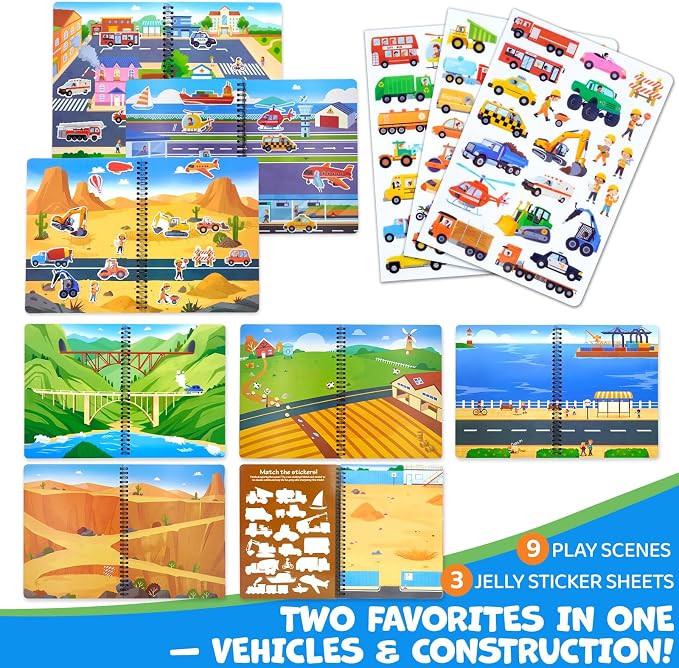 Reusable Sticker Book for Toddlers – Vehicles & Construction, 3 Sheets Washable Car Truck Jelly Stickers, 9 Play Scenes Sticker Activity Book for Kids, Road Trip Travel Toys