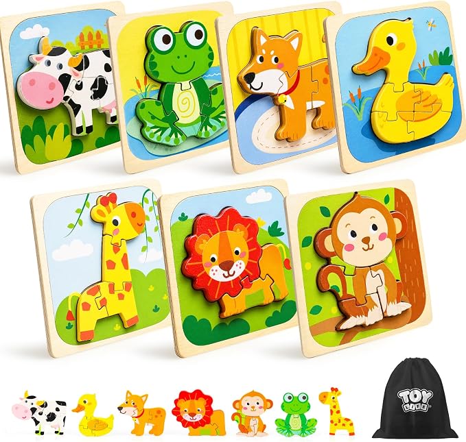 TOY Life Toddler Puzzles Ages 2-4, Wooden Puzzles for Toddlers 1-3, 7 Pcs Animals Puzzle 2 Year Old, Montessori Toddler Boys Girls Toys 2-3, Educational Gift Learning Toys for 2 Year Old