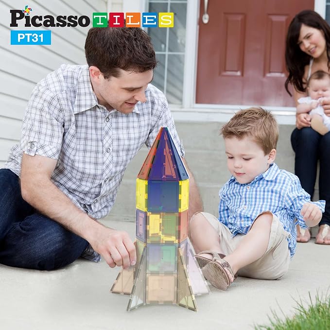 PicassoTiles UV Activated Color Changing Rocket Set Magnet Construction Toy Kit Engineering STEM Learning Playset Child Brain Development Stacking Blocks Playboard for All Ages 3 and Up PT31