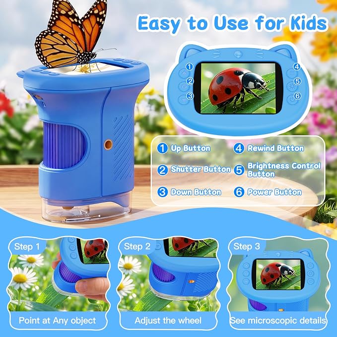 SEEKID Kids Microscope,1000X Handheld Digital Microscope (Blue) | 2.4" IPS Screen | Rechargeable Handheld | 8 LED Lights | STEM Toy for Exploring Science | Ages 5–12