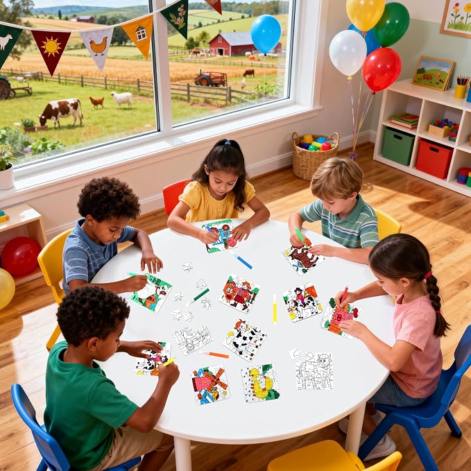 24 Sets Farm Animals Toddler Puzzles Ages 2-4 Bulk, Farm Party Favors Crafts DIY Paper Jigsaw Kit with Cow Dog Sheep, Fall Art Coloring Blank Puzzle for Classroom Gift Birthday Fun Games Toys Supplies