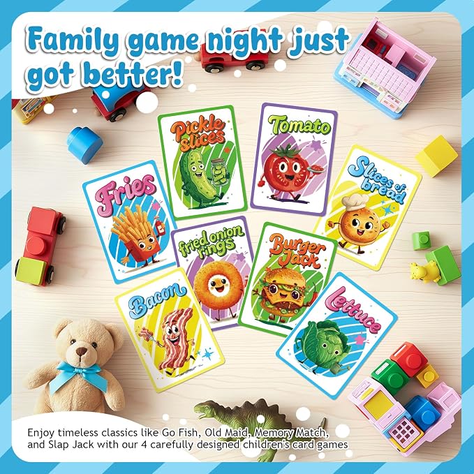Card Games for Kids: Go Fish, Old Maid, Slap Jack, and Memory Match — 4 Decks in 1 Pack. Classic Kids Card Games for Family Game Night, Perfect for Toddlers, Kids