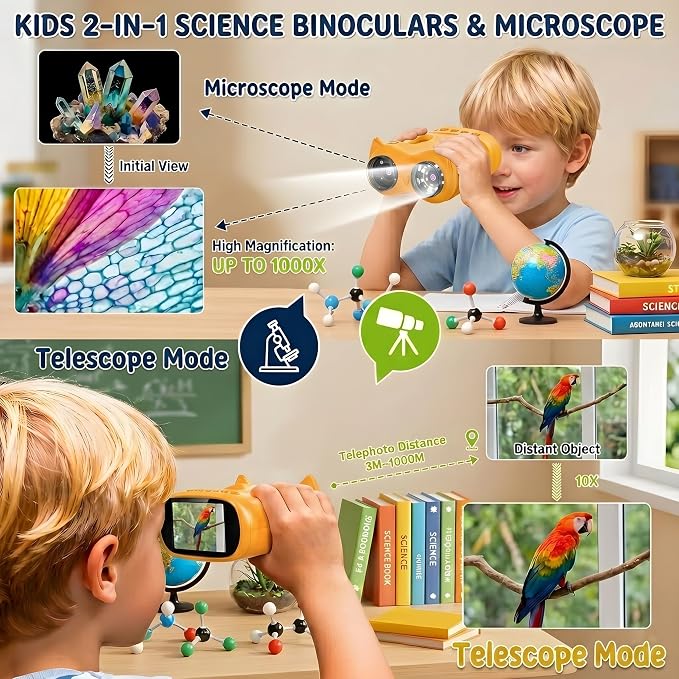 2-in-1 Kids Microscope and Telescope, 1000X Handheld Digital Microscope for Kids, 2.0" Screen, 8 LEDs, 10X Pocket Telescope for Outdoor, 1080P Camera STEM Toys Gift for Boys Girls 4-12, Yellow