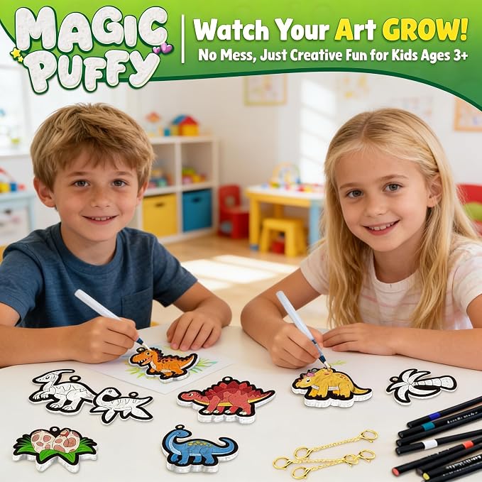 Richgv Magic Aqua Puffs, 3D Art Kit, Dinosaur, Mess-Free Paint by Number Craft for Kids, DIY Color & Inflate Activity, Travel & Creative Gift for Girls & Boys Ages 4, 5, 6, 7, 8, 9, 10