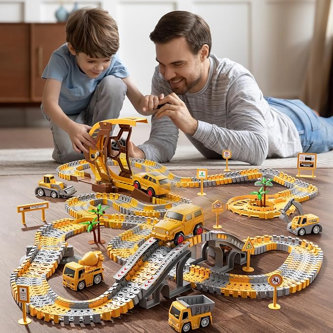 iHaHa 299 PCS Construction Race Tracks Boys Toys, 6 PCS Engineering Cars and Flexible Race Track Playset Create A Engineering Road Gifts Toys for 3 4 5 6 Year Old Boys Kids