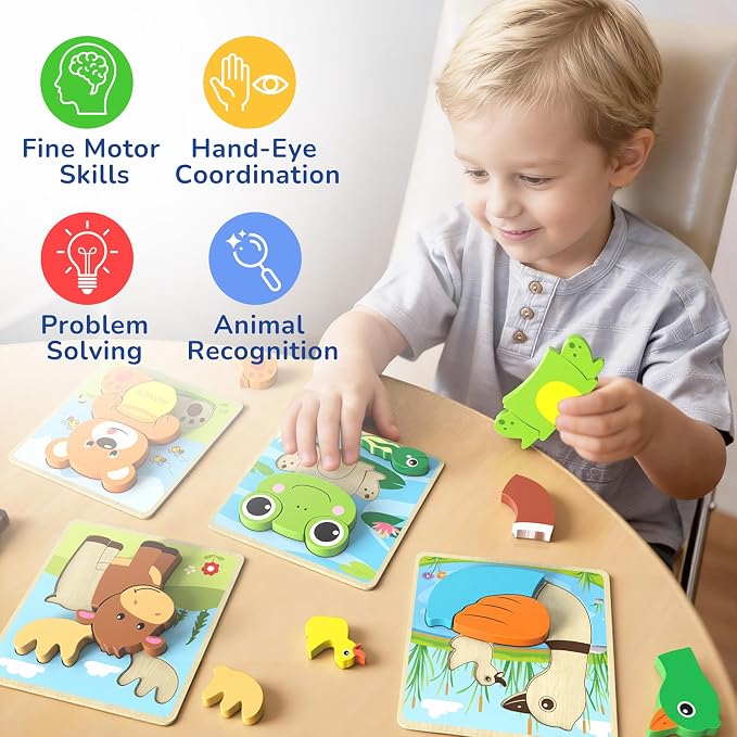 BenBen Wooden Puzzles for Toddlers 1-3, 6 Pack Animal Puzzles for Toddlers 2-4, Montessori Toys for 1 2 3 Year Old Boys Girls, Learning Educational Preschool Toys