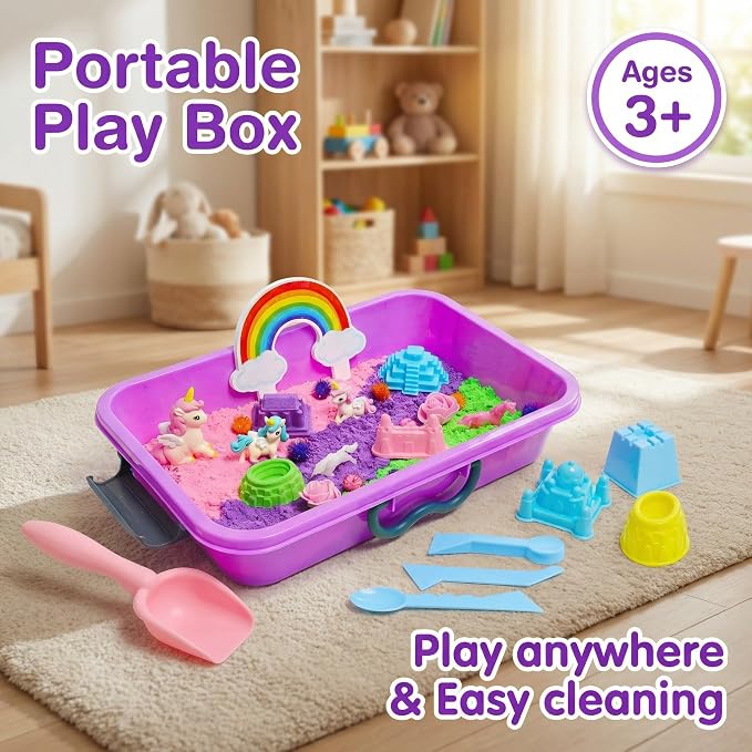 AGENTLAN Unicorn Sensory Bin,Sensory Sand Kit, Gift for Girls Ages 3-8 | Unicorn toys, sensory toys with portable sand box, indoor outdoor kits for girls and boys