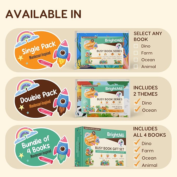 Montessori Busy Book Set (Dinosaur + Ocean) – Preschool Learning Activities for Ages 3+, Fine Motor Skills, Interactive Velcro Activity Kit, Travel Toy for Kids (2-in-1 Bundle)