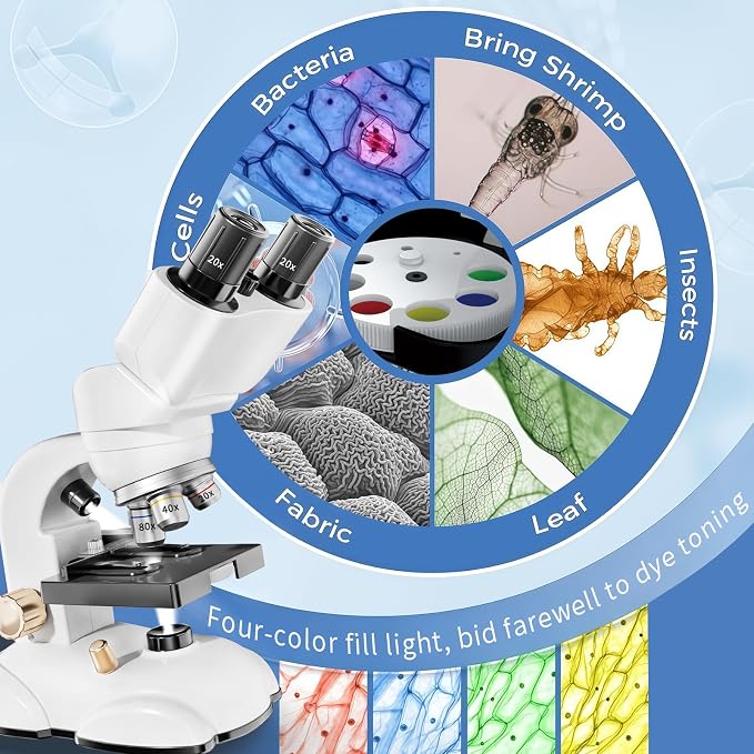 Microscope for Kids, Double Tube Double Mirror Microscope Kit LED 400X-1600X Magnification Kids Science Toys, Microscope Slides with Specimens for Kids,Students Microscope STEM Kit