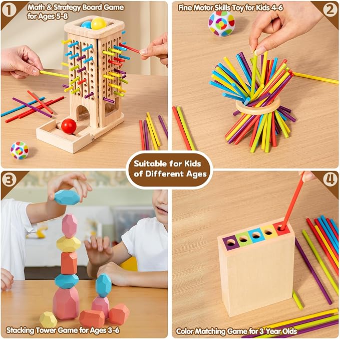 Montessori Toys for 3 Year Old, Fine Motor Skills Pick Up Sticks Ball Drop | Stacking Game, 40 Colorful Sticks & Dice, Educational Math Games, Interactive Family Game Night Gift for Kids 4 5 6 7 8