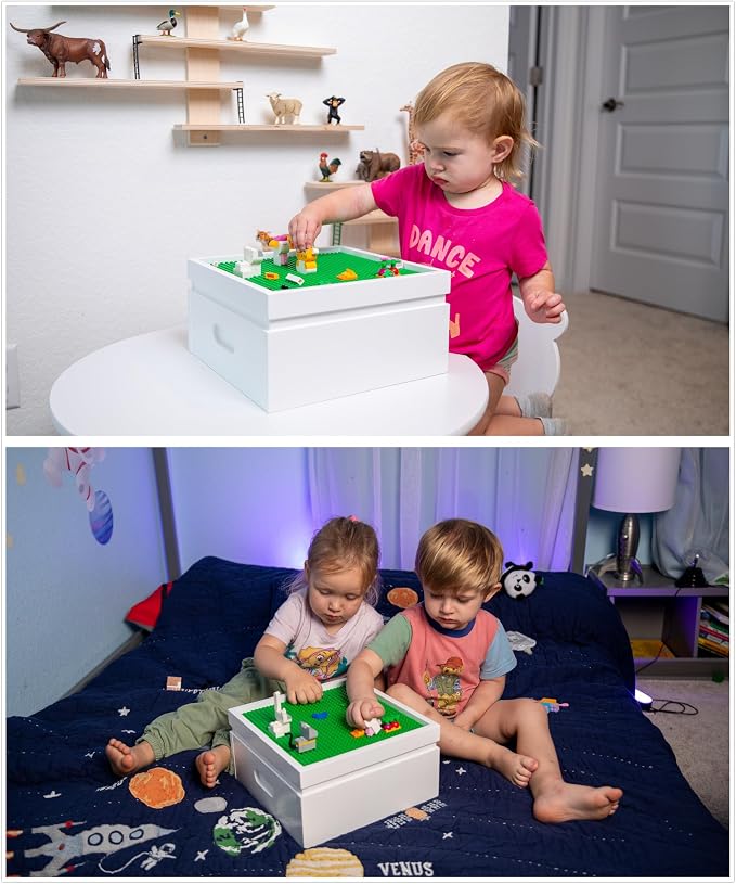 UTEX Buildable Cubby Storage with Baseplate Lid Compatible with Lego | Wooden Building Blocks Organizer, 3 Removable Sorting Compartments, Compact & Portable, Bricks Storage Box, White