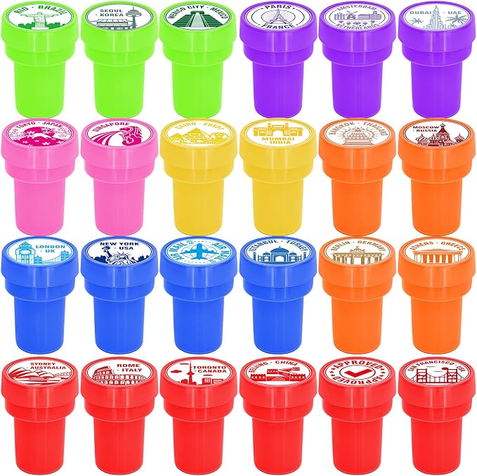 Cinrobiye 24 Pcs Adventure Travel Stampers Party Favor Set, Fun Bon Voyage Travel Stamps for Kids Birthday Party, Classroom Rewards, Carnival Prizes, Goody Bag Fillers, Travel Themed Party Supplies