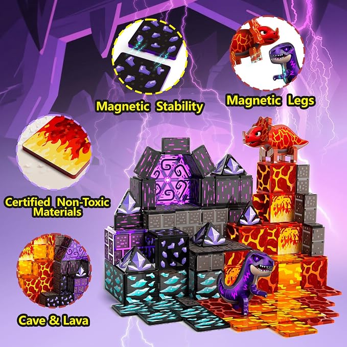 GobiDex Dinosaur Magnetic Tiles Set, Lava Cave Dinosaur Toys for Kids 3+ | Magnetic Blocks Building Set, STEM Construction Toys, Dinosaur World Adventure Playset with Lava Cave Scenes for Kids