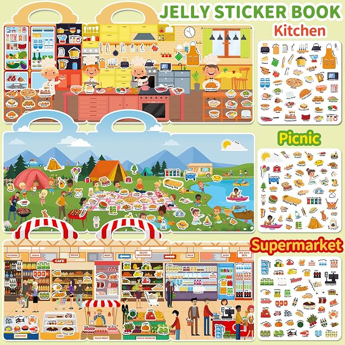 3 Sets Reusable Sticker Book for Toddlers 3-6, Jelly Sticker Books for Toddler, Travel Sticker Activity Toys for Kids 3 4 5 6 Years Old Girls & Boys（Supermarket + Picnic + Kitchen）