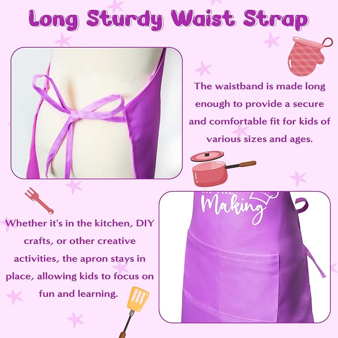 R HORSE Kid Apron and Chef Hat Set - 2Pcs Purple Adjustable Children Kitchen Toddler Apron with Pockets for Kids, Funny Dress up Pretend Play Toy Birthday Gift for Cooking Baking Painting