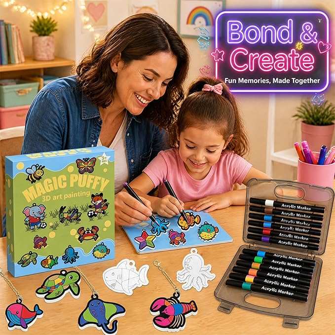 MWOMGLP Magic Foam Texture Painting Kit, 16 Pack DIY Puffy Foam Art Craft Set for Kids, 3D Sensory Painting Paper with Colorful Foam Sheets, Creative Gift for Boys Girls Ages 3+(Color Marine Animal)