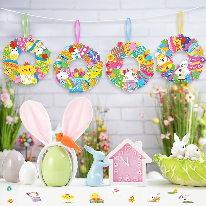 Hollowfly 48 Sets Easter Wreath Craft Kits, 8 Paper Designs with Stickers | Chick, Egg and Floral Themes, 5.9 in Hanging Ornaments, Sticker Crafts for Home Activities and Easter Parties