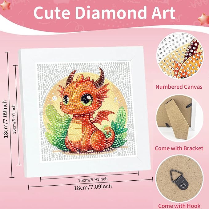 Gemozaic Dragon Diamond Art Kits for Kids Ages 4-8-12 with Frame, 7 x 7 in | Cute Dragon Diamond Art for Kids 10 12 Year Old, DIY Easy Kid Big Gem Painting, Animal Arts and Crafts for Girl Birthday Gift