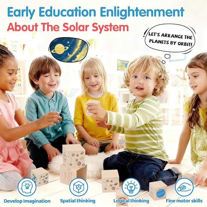 Wooden Solar System Nesting & Stacking Blocks, Planets Toy for Kids 3-5 | Montessori Space Toy,Sorting & Stacking Boxes,Preschool Educational Science Toy for Toddlers Boys & Girls (8 Planets)
