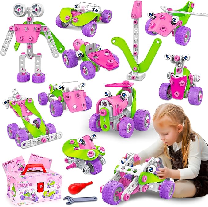 Tsomtto Educational STEM Toys for 4 5 6 7 8+ Year Old Girl Birthday Gifts | Pink Building Toys Stem Kits Activities for Kids Ages 4-8 5-7 8-10 Construction Toys for Girls 4-6 6-8 Creative Games
