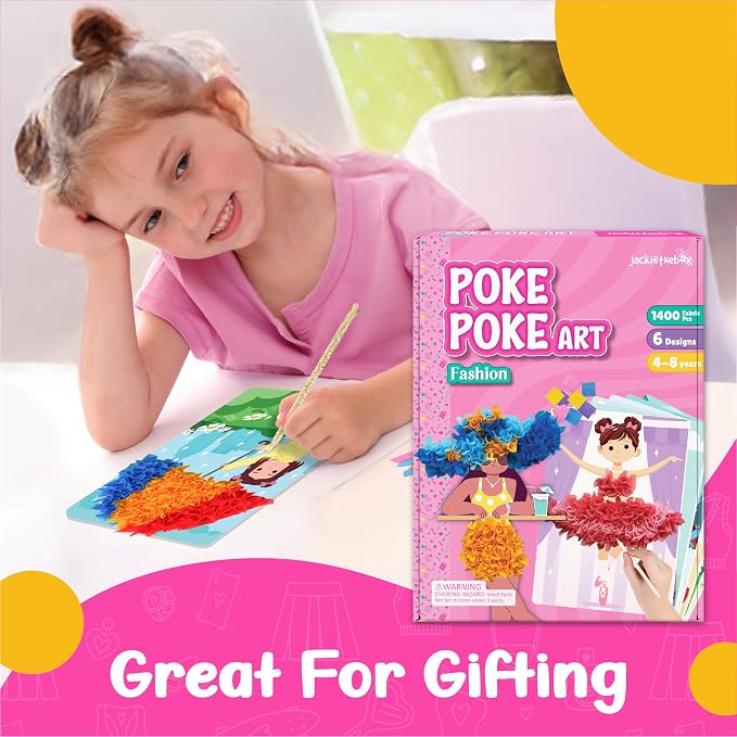 jackinthebox Poke Art Fashion Art Craft Kit for Girls, Kids, Toys, Ages 4-8 | 1400 fabric pieces, travel arts activities & birthday gifts, mess-free playdoh, age 5 6 7 8 9, 4-6 year old, flower pressing