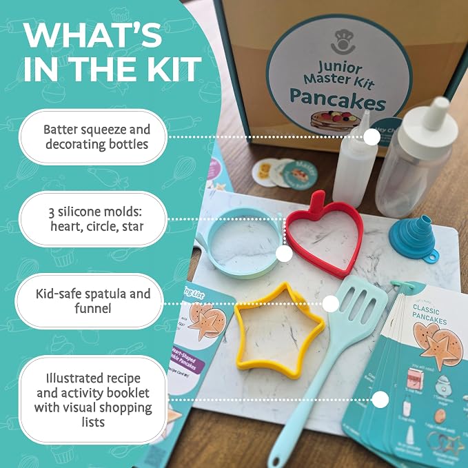 Kids Pancake Making Kit | Learn to Cook Breakfast | Ages 5-12 | Breakfast Making Kit | Pancake Molds Batter Squeeze Bottle | Family Fun DIY | Visual Recipes | Birthday Christmas Gift