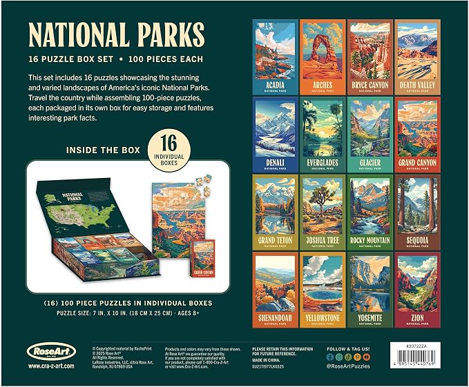 RoseArt - National Parks Jigsaw Puzzle Box Set - 16 Mini Puzzles, 100 Pieces Each - Colorful Puzzle Gift Set for Adults