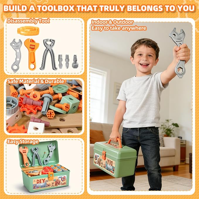 VEAIS Kids Tool Set,135Pcs Tool Set with Toolbox,Educational Montessori Toys,STEM Pretend Play Construction Toys for 3 4 5 Year Old,ABS Plastic Repair Toolkit for 3-6 Year Old Boy,Best Birthday Gift