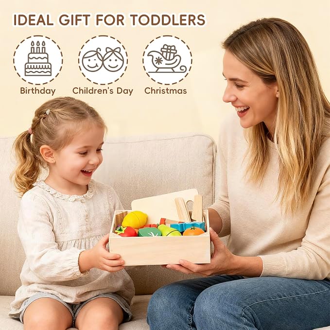 34Pcs Wooden Play Food for Toddlers - Toy Food with Velcro Fruit & Veggies | Play Food Sets for Kids Kitchen Accessories with Basket Chopping Board, Cutting Fruit Set for Ages 3+
