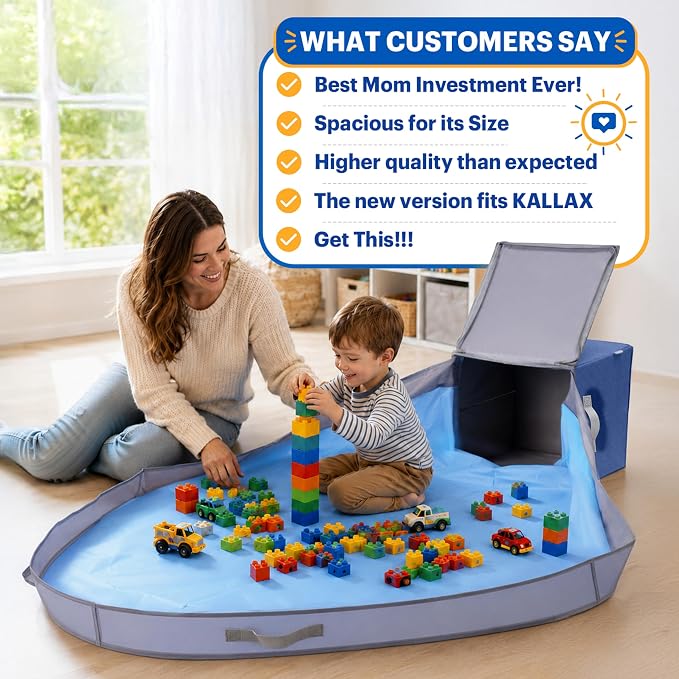 SAM AND MABEL Toy Storage Organizer with Play Mat for Kids – 13" x 13" x 13" Storage Box, Stackable and Foldable Cubby Baskets for Playroom, Nursery Bins for Boys and Girls (Noble Blue)