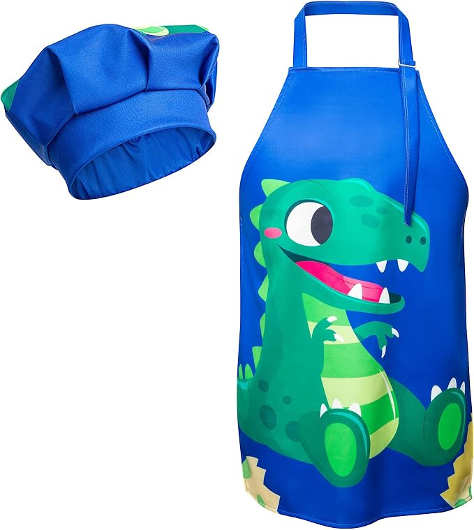 R HORSE 2 Pieces Kids Apron and Chef Hat Set, Dress up Role Play Chef Toy | Adjustable Blue Dinosaur Kitchen Apron Set, Ideal for Cooking, Baking, Painting, and Training, Birthday New Year Cooking Gift