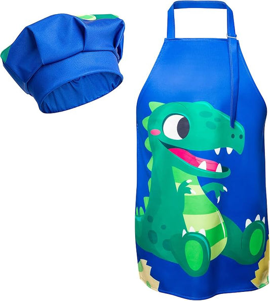 R HORSE 2 Pieces Kids Apron and Chef Hat Set, Dress up Role Play Chef Toy | Adjustable Blue Dinosaur Kitchen Apron Set, Ideal for Cooking, Baking, Painting, and Training, Birthday New Year Cooking Gift