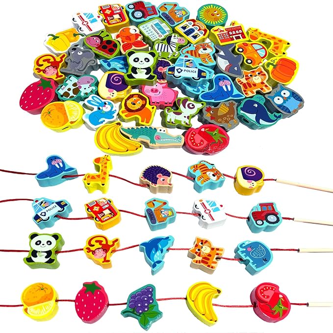 Montessori Wooden Lacing Beads for Kids,42 Pcs Preschool Activities String Car Animals Vegetables Beads Toys,Educational Threading Learning Beads Toys for Toddler 3 4 5 6 Year Old Boys Girls