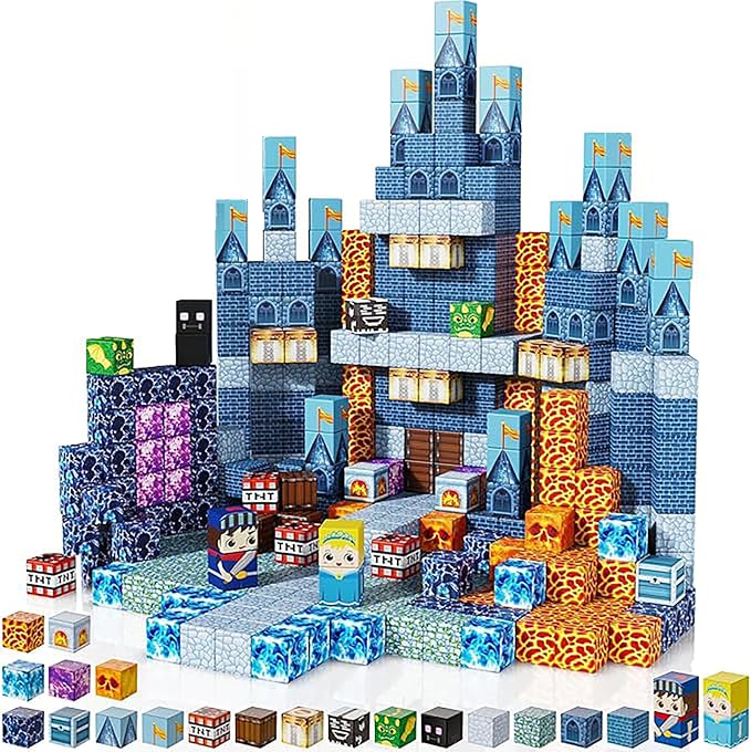 Magnetic Building Blocks Magnetic Building Tiles Toys for Boys Girls Age 3+, Creative Plastic MagnetSquare Gift for Kids Blue Castle 100pcs