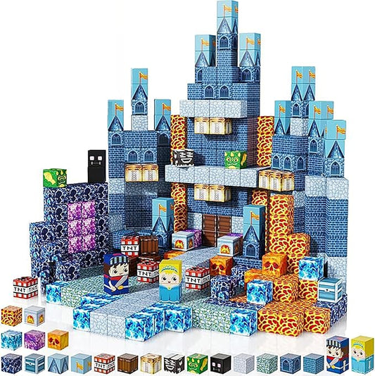 Magnetic Building Blocks Magnetic Building Tiles Toys for Boys Girls Age 3+, Creative Plastic MagnetSquare Gift for Kids Blue Castle 100pcs
