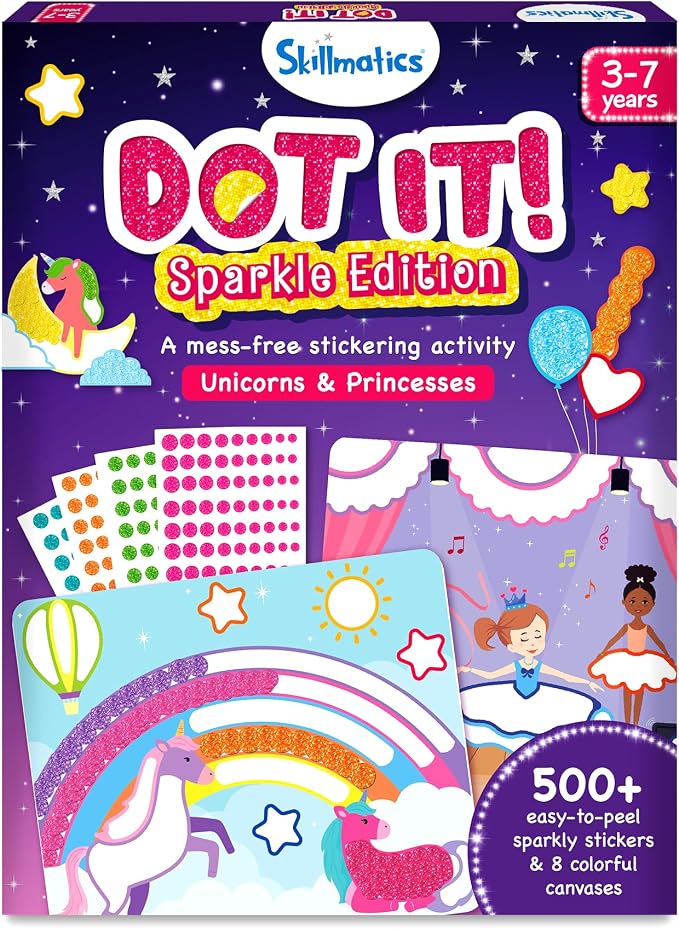 Skillmatics Dot It Sticker Art – Unicorns & Princesses Sparkle, Craft Kit | 500+ Stickers, DIY Scrapbooking Activity, Screen-Free Travel Toys, Gift for Toddlers, Girls & Boys Ages 3, 4, 5, 6, 7