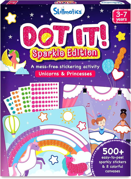 Skillmatics Dot It Sticker Art – Unicorns & Princesses Sparkle, Craft Kit | 500+ Stickers, DIY Scrapbooking Activity, Screen-Free Travel Toys, Gift for Toddlers, Girls & Boys Ages 3, 4, 5, 6, 7