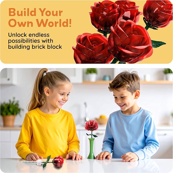 PicassoTiles Red Stem Roses Building 90pc Kit with Magnetic Hold Pieces Creative Flower Construction Toy Hands-On Play Discovery Activity Playset Kids Toys Girls Boys Ages 3+ PBS201