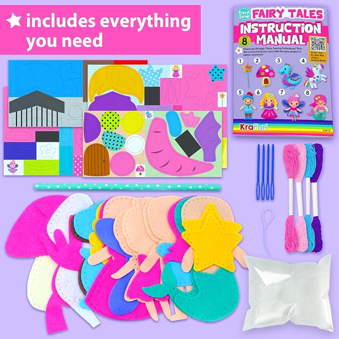 KRAFUN Fairy Tales Sewing Kit for Kids Ages 5-10 | 8 Projects | Sew 8 felt plush fairy tale toys with pre-punched holes. Beginner craft for girls. Educational gift ages 5-10