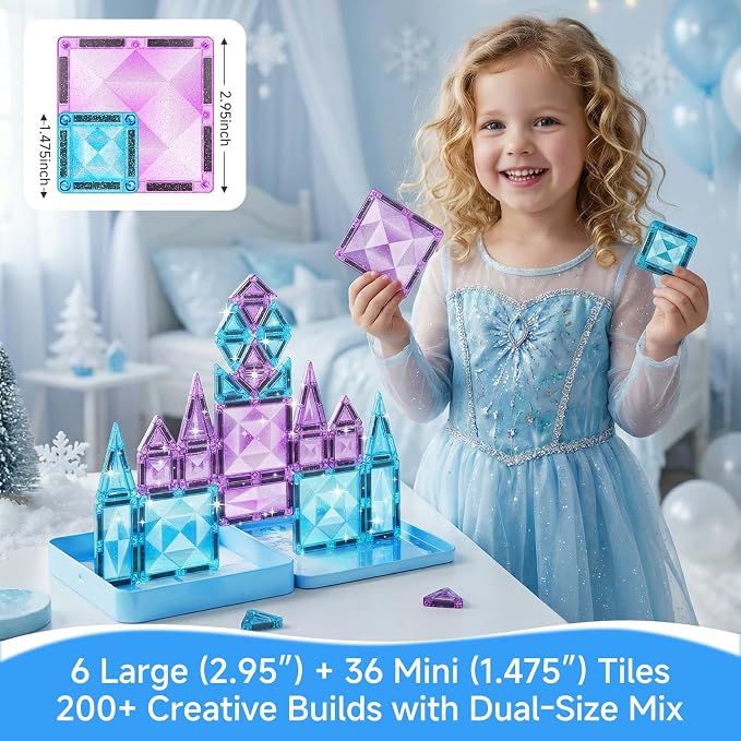 burgkidz Magnetic Tiles Travel Mix: Castle Gift for Girls 3-8 Portable | 42pcs mix sizes, ice-purple, storage tin base, 595g, BPA-free, ASTM safe, strong magnets, screen-free travel for girls 3-8