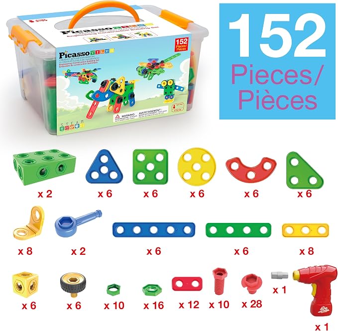 PicassoTiles 152pc STEM Construction Toy Building Set for Kids Ages 3+ Includes Power Drill, Ratchet, Idea Book, Storage Box Educational Engineering Science Kit & Sensory Toys for Boys & Girls PTN152
