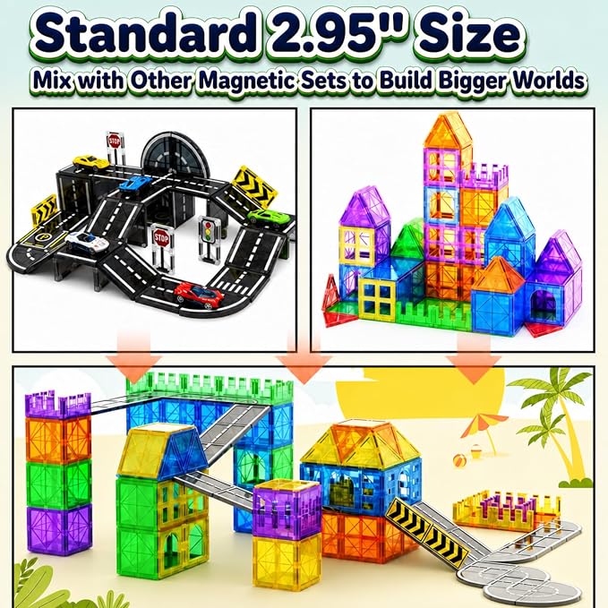 Magnetic Tiles Road Set with Cars, Magnetic Blocks for Kids Ages 4-8 | 6 Cars, Traffic Lights & Road Signs, STEM Construction Toy for Boys Girls Ages 3-5 4-8 5-7, Expansion Magnetic Building