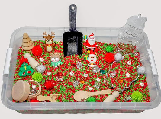 Christmas Sensory Bin Kit for Kids | Christmas Theme Red & Green Rice, Xmas Accessories, Santa Claus & Wooden Tools – Includes Clear Storage Bin