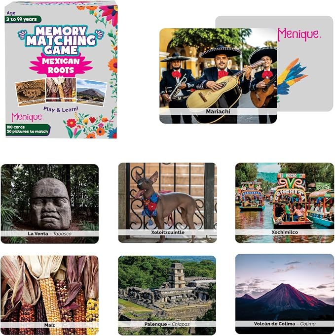Menique – Mexican Roots Memory Game – Bilingual – 100 Cards (50 Pairs) with Real Photographs – Includes Booklets in English & Spanish – Cultural Matching Game for Kids & Adults