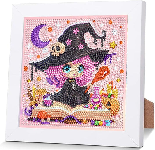 Gemozaic Halloween Diamond Art Kit for Kids Ages 6-8-12 with Frame, 7x7 in | Cute Witch Diamond Art for Kids 10 Year Old, DIY Big Gem Arts and Crafts for Boys and Girls Birthday Gift, Home Wall Decor