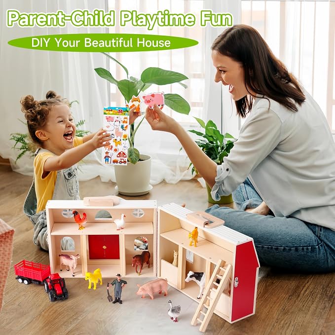 Wooden Barn Toy Set with Farm Animals, Sticker | Portable Pretend Play Barn, Farm Animal Figures, Montessori STEM Educational Animal Playset for Kids Birthday Christmas Gift