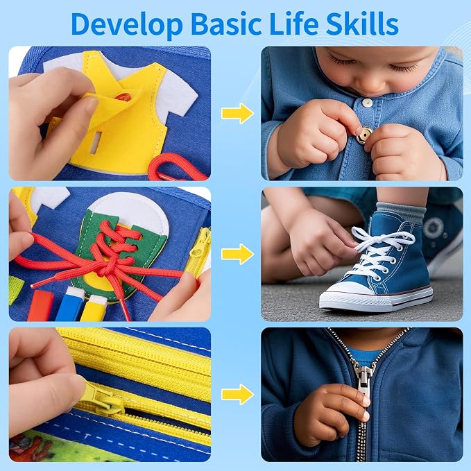 Toddler Busy Board, Montessori Busy Book, Quiet Educational Activity Book | 12-Page Learning Sensory Toys for Car Airplane, Toddlers Travel Toy for Motor Skills, Birthday Gifts for Boy Girl Kids (Blue)