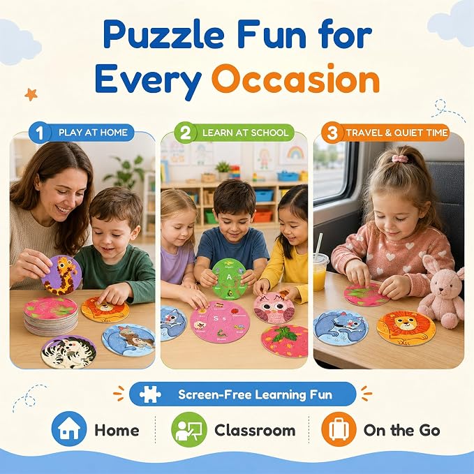 Round Matching Puzzle for Kids Ages 3+, Double Sided ABC Alphabet and Number Paper Jigsaw Game, Preschool Learning Toy for Focus